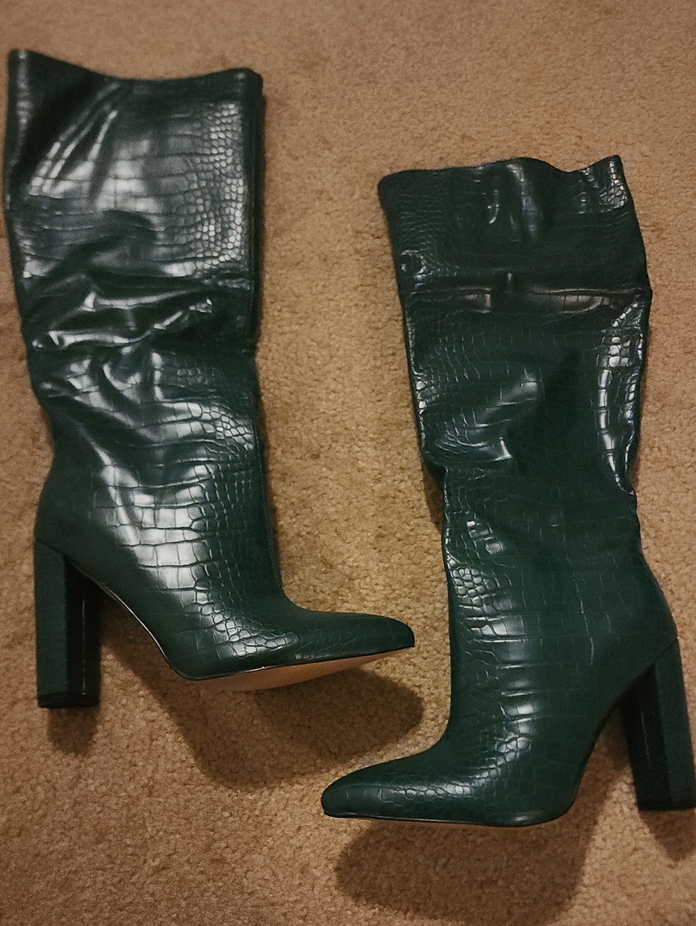PLT Women's Tall Croc-Embossed Pointed Toe Block Boots - Dark Green UK 8 US 10